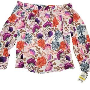 INC White Pink Floral Shirt NEW $69 Off Shoulder Boatneck 3/4 Sleeve Women M Top